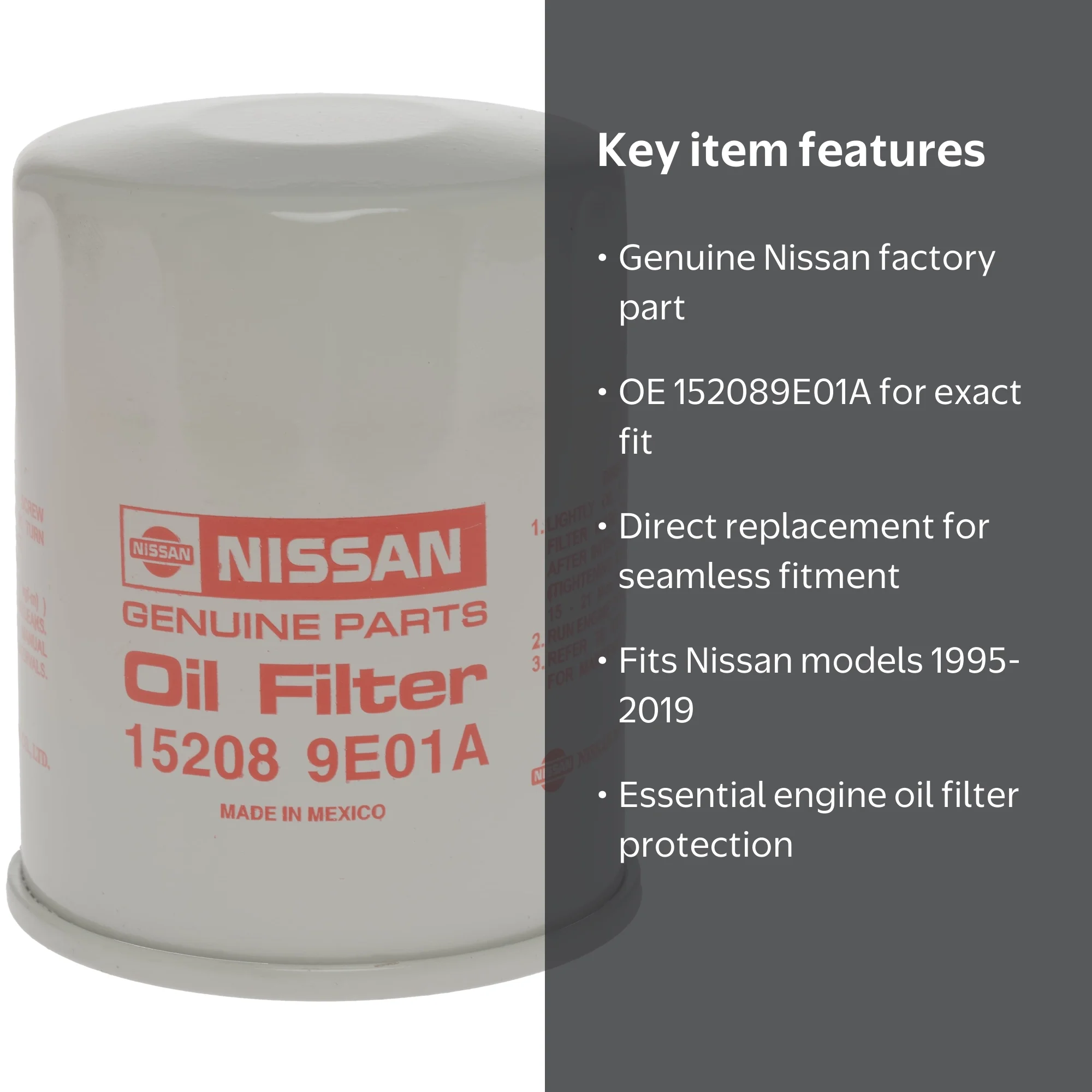 Nissan Engine Oil Filter, Genuine, New, 1995-2019, OE 152089E01A