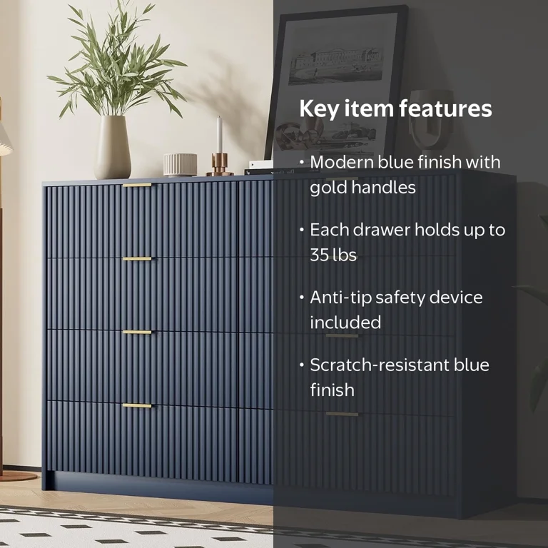 Furniway Blue 8 Drawer Dresser, Fluted Wood Clothes Storage Organizer Cabinet for Bedroom, Modern Chest with Gold Metal Handles, Wide Dresser for