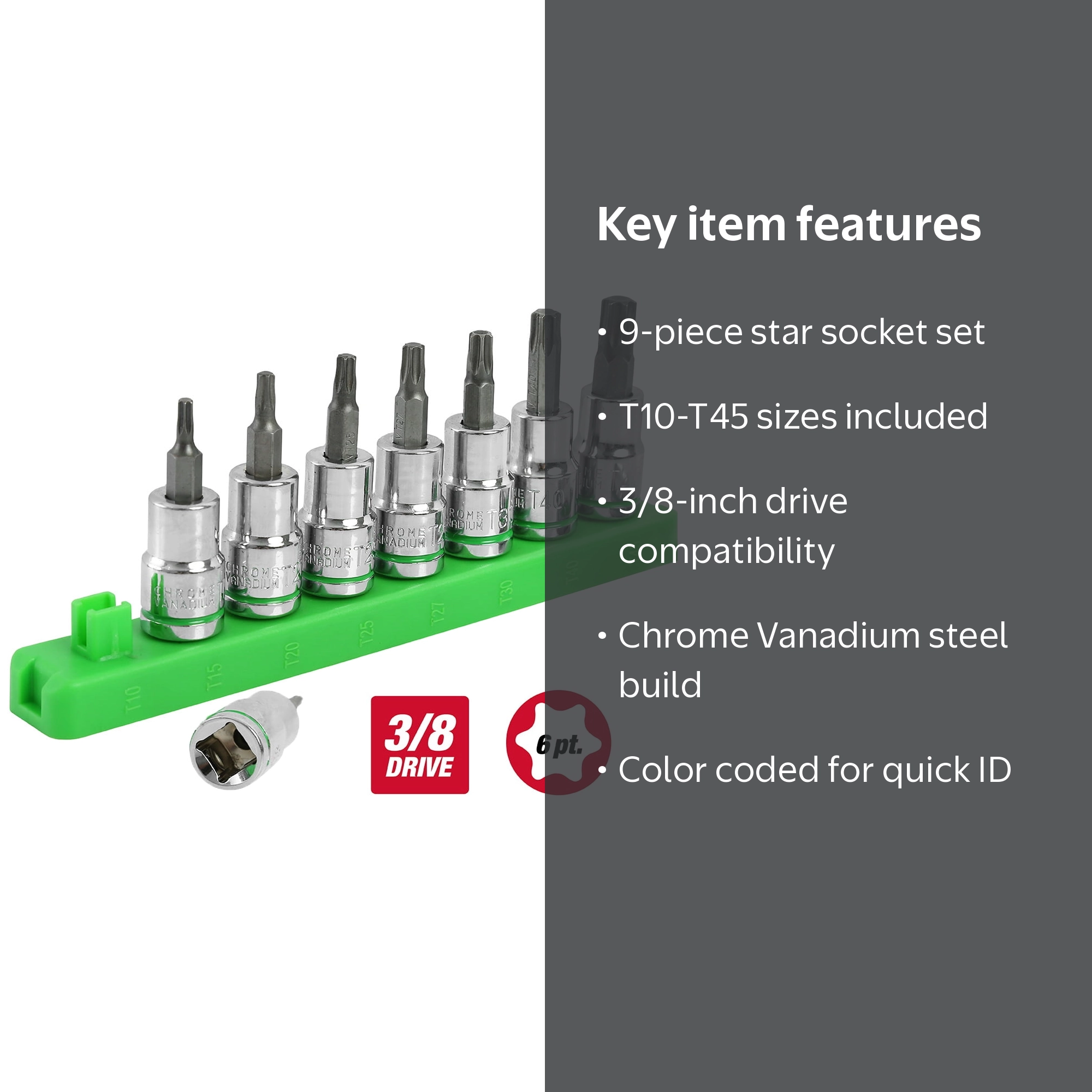 Hyper Tough 9-Piece 3/8-Inch Drive Star Socket Set for Automotive