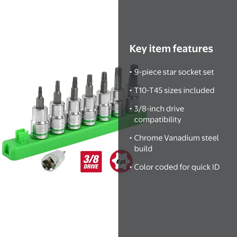 Hyper Tough 9-Piece 3/8-Inch Drive Star Socket Set for Automotive