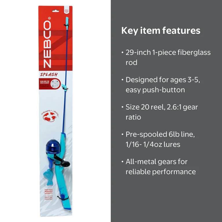 Zebco Kids Splash Floating Spincast Reel and Fishing Rod Combo, 29