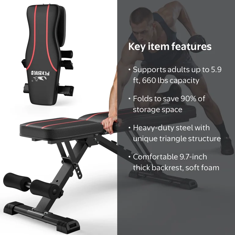 FLYBIRD Adjustable Foldable Weight Bench, 660 lb Capacity, 6 Back