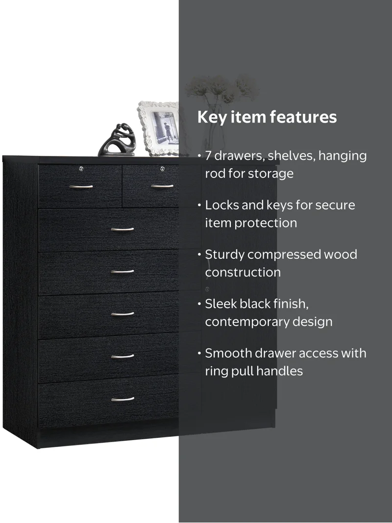 Hodedah 7-Drawer Chest with Locks on 2-Top Drawers plus 1-Door