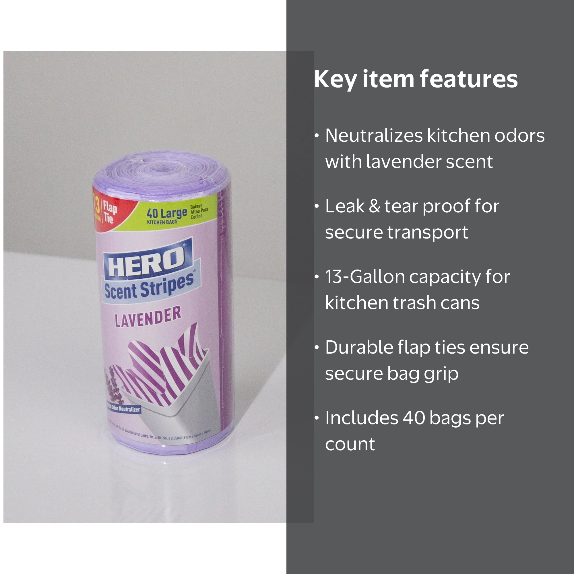 Hero Tall Kitchen Garbage Bags, 13 Gallon, 40 Count, Lavender