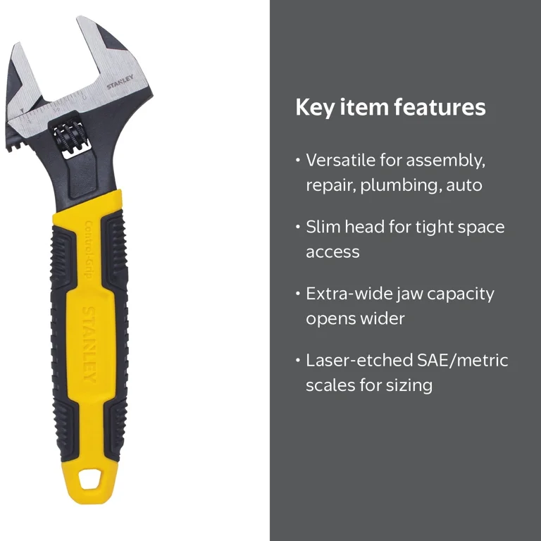 STANLEY, Adjustable Wrench, 8'', Wide Jaw, Torque Precise