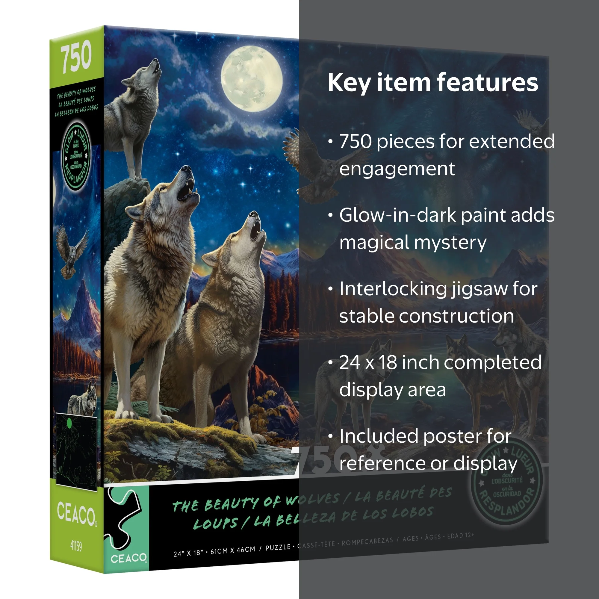 Ceaco The Beauty of Wolves Glow 750 Piece Interlocking Jigsaw