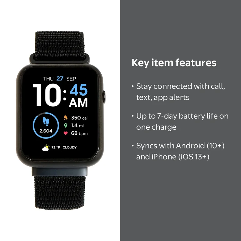 iTech Fusion 3 Unisex Adult Rectangular Smart Watch, Black