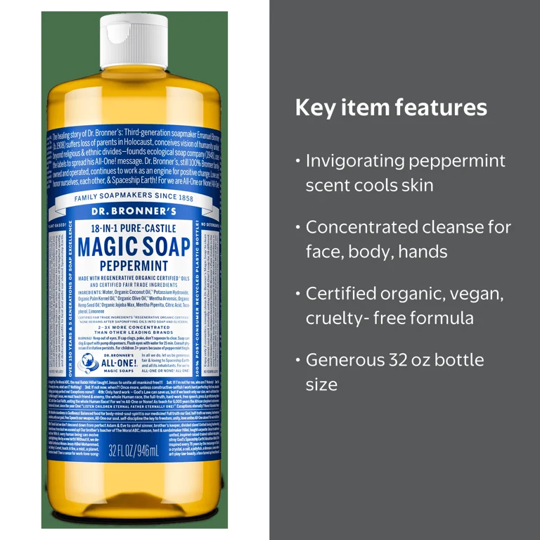 Dr. Bronner's Peppermint Liquid Soap 32 oz for face, body, hands