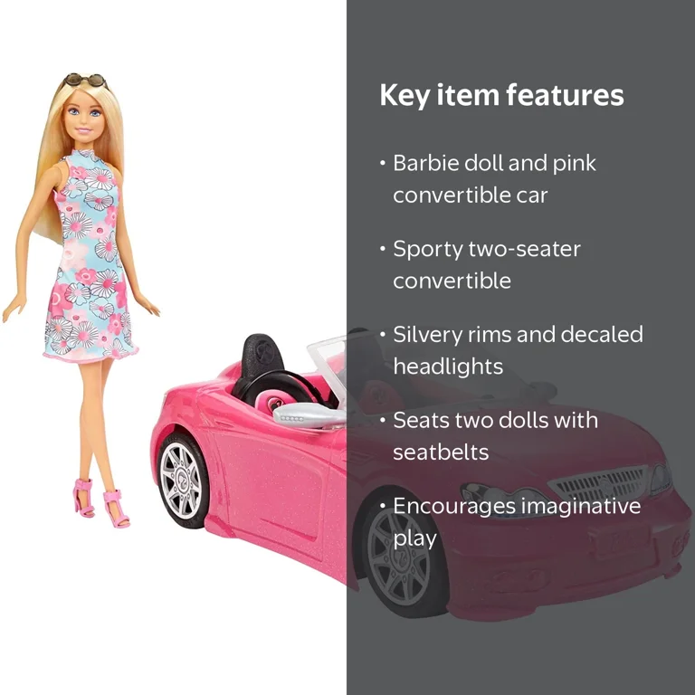 Barbie Doll and Mini 2-Seat Pink Convertible Toy Car with Rolling
