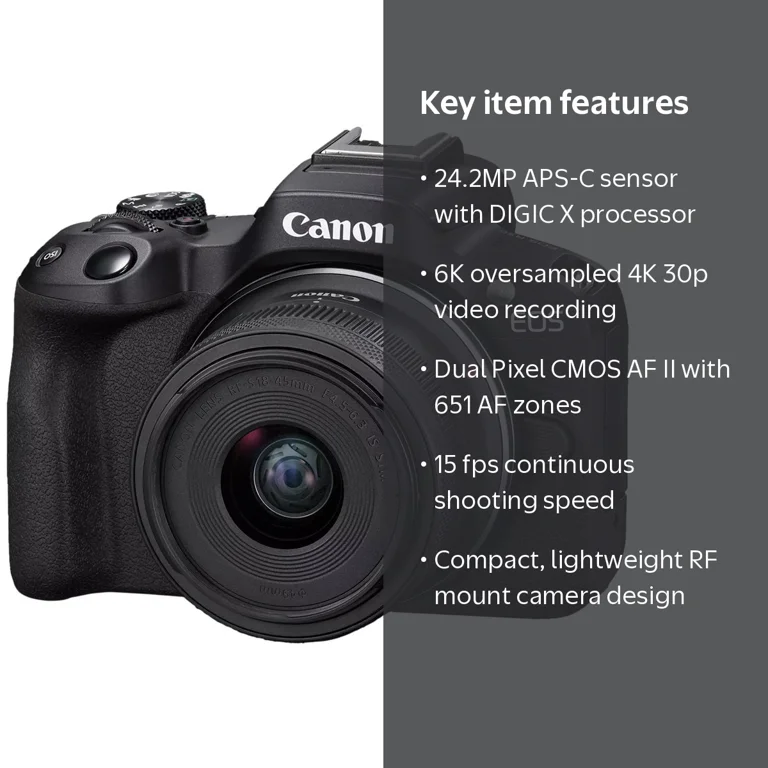 Canon EOS R50 Mirrorless Camera, 24.2 MP, 18-45mm Lens, Digital