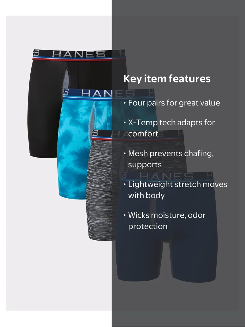 Hanes, Long Leg Boxer Briefs, 4pk Men X-Temp Total Support