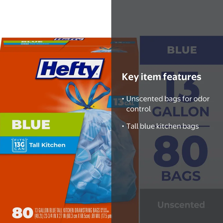Hefty Blue Trash Bags, 13 Gallon, 80 Count, Unscented, Drawstring