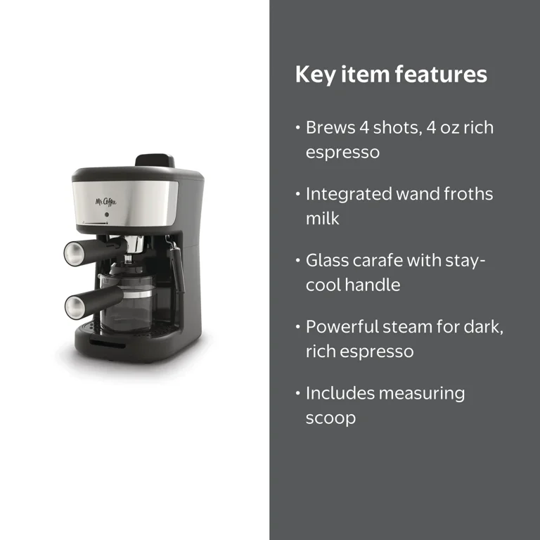 Mr. Coffee 4-Shot Espresso, Cappuccino, Latte Machine with Glass