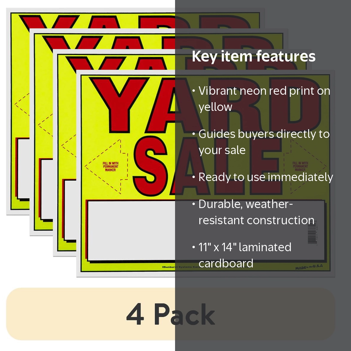 4 pack) Sunburst Systems 3611 Laminated Cardboard Yard Sale Sign W