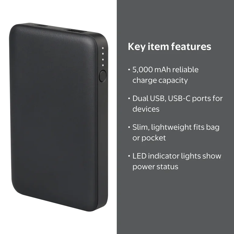 onn 5000mAh Portable Power Bank with USB-C and USB-A ports