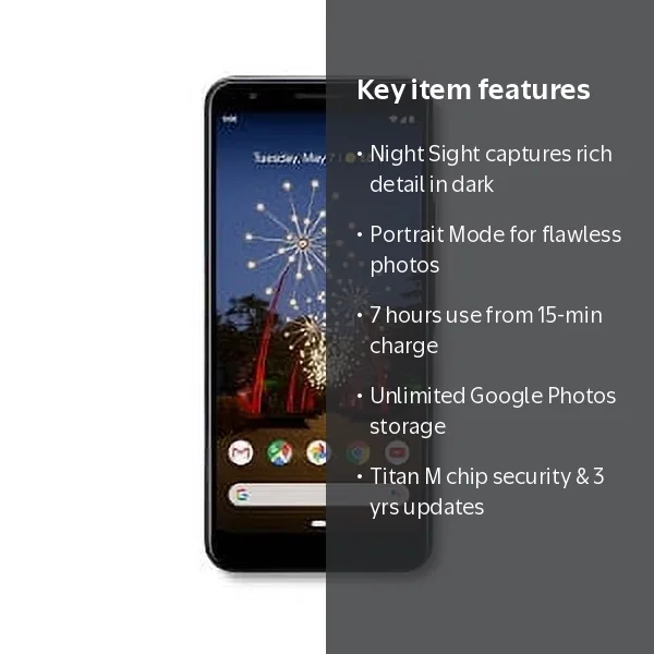 Google Pixel 3a Black Cell Phone with Extraordinary Camera and