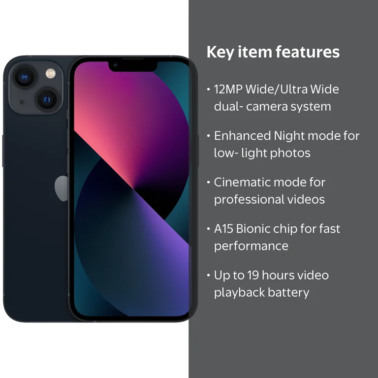 Free Shipping! Apple iPhone 13, 128GB Midnight Smartphone with 6.1