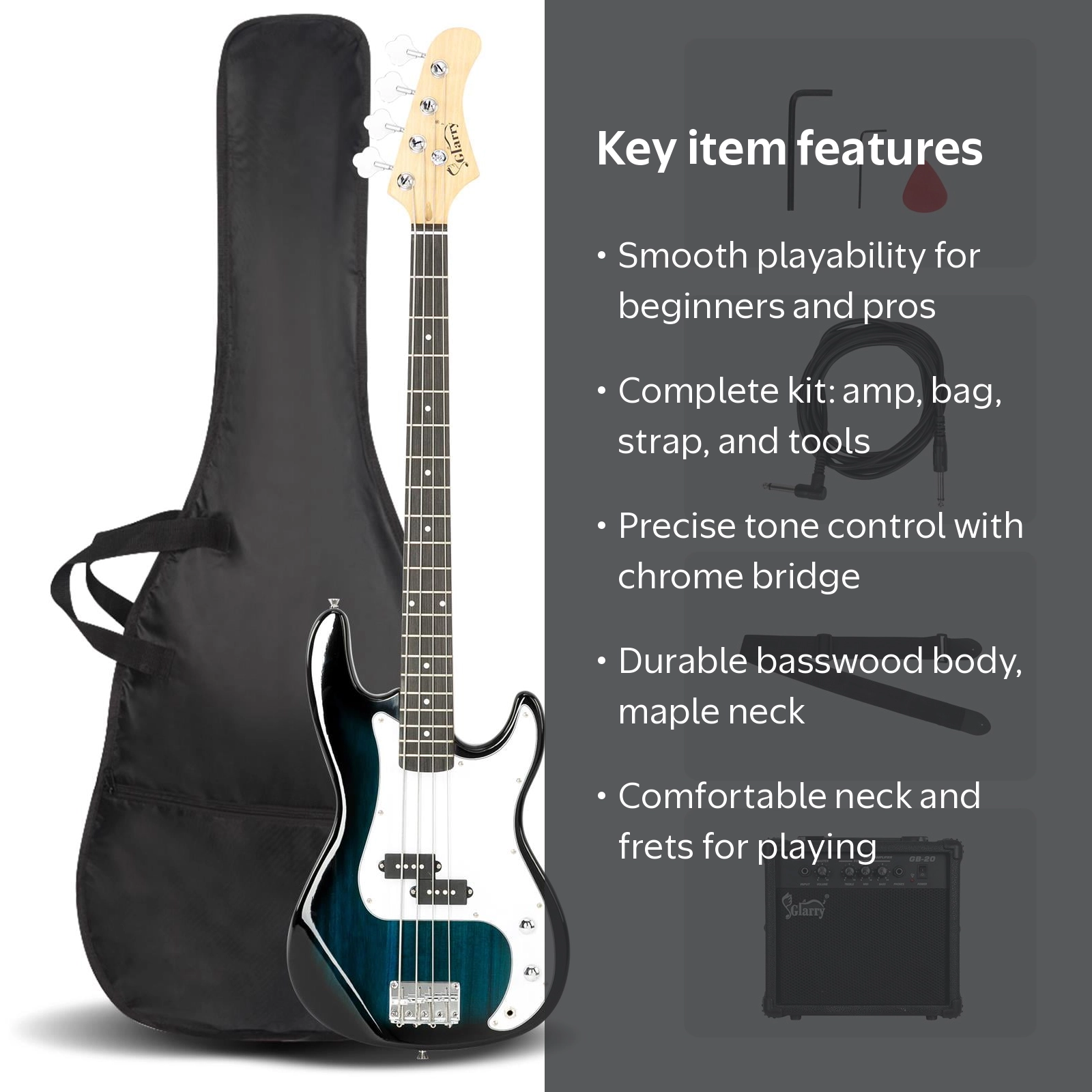 Zimtown 4-String Bass Guitar Kit with Bag, 20W Amp and More,Blue
