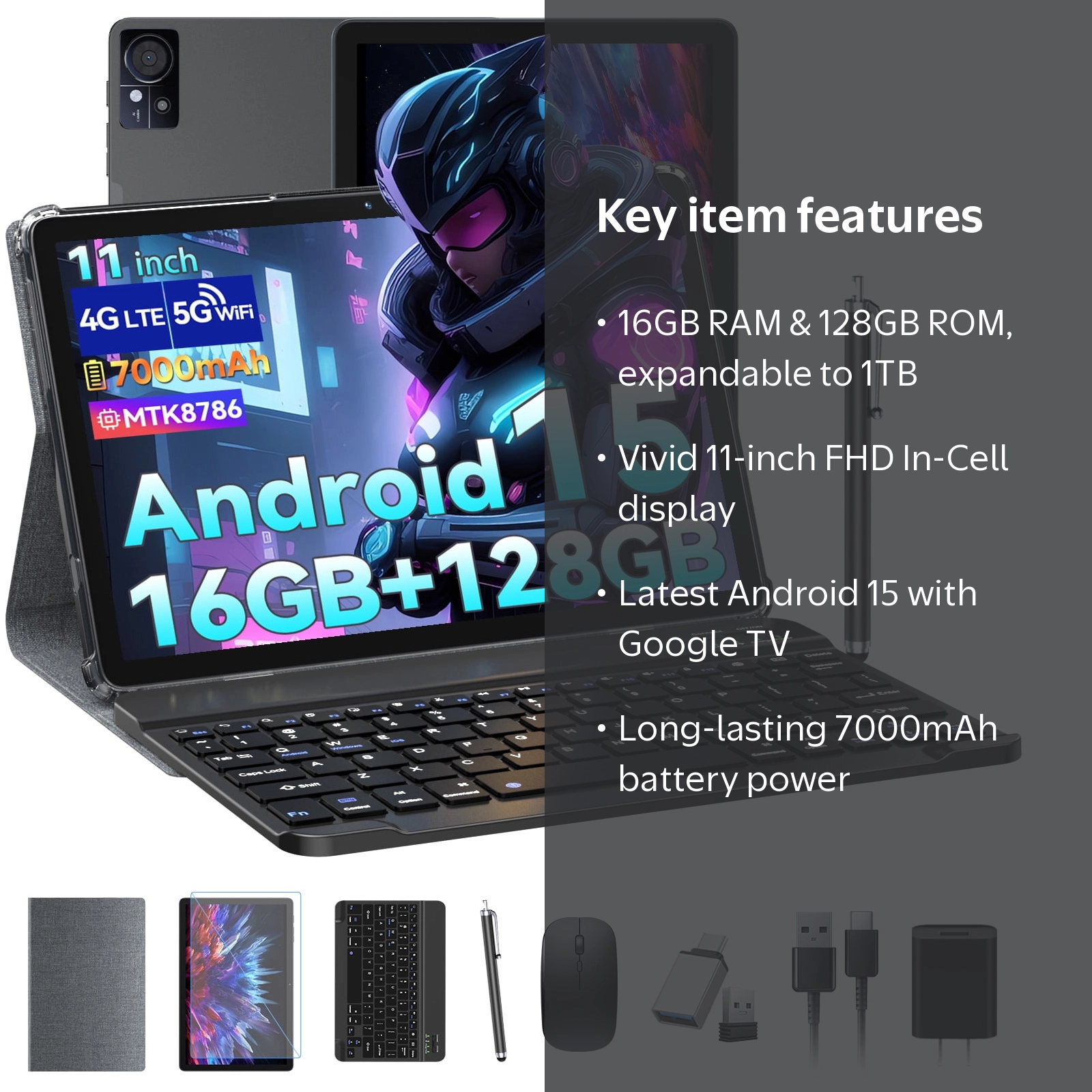 11 inch Android 15 Tablet, MTK8786 Octa-Core, 128GB Storage, 16GB