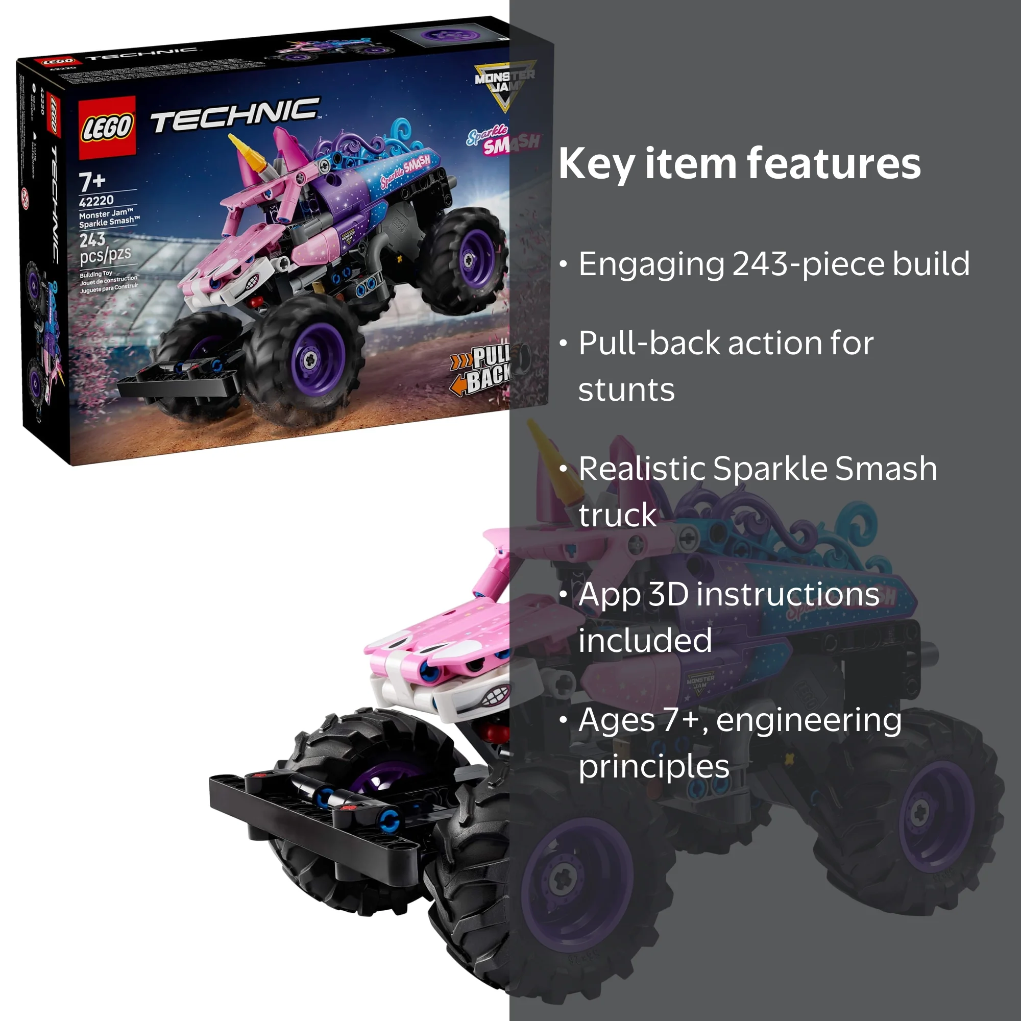 LEGO, Technic Monster Jam Sparkle Smash Pull-Back Truck Toy for