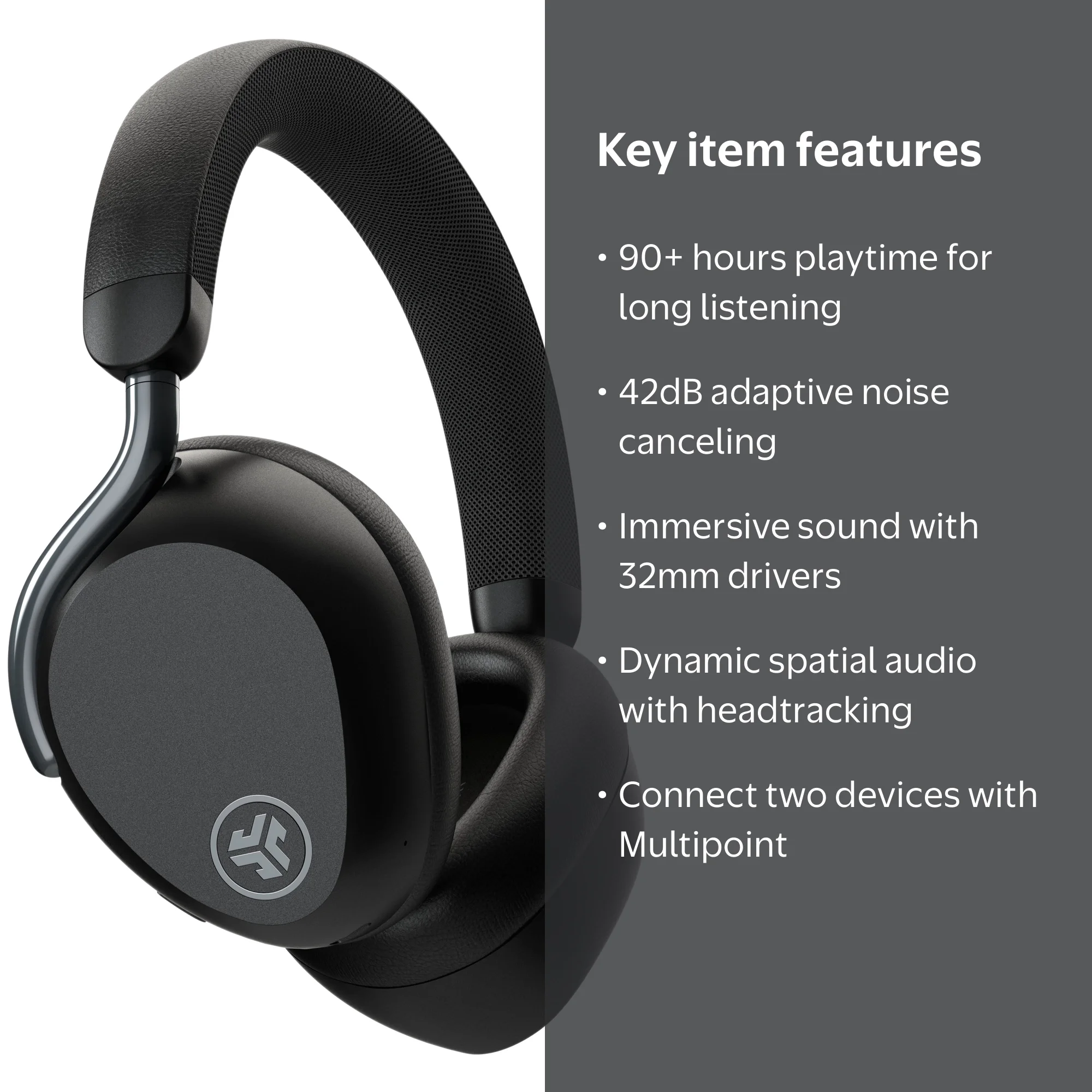 JLab Epic Lux Lab Edition ANC Headphones, 90+ Hour Playtime, Black