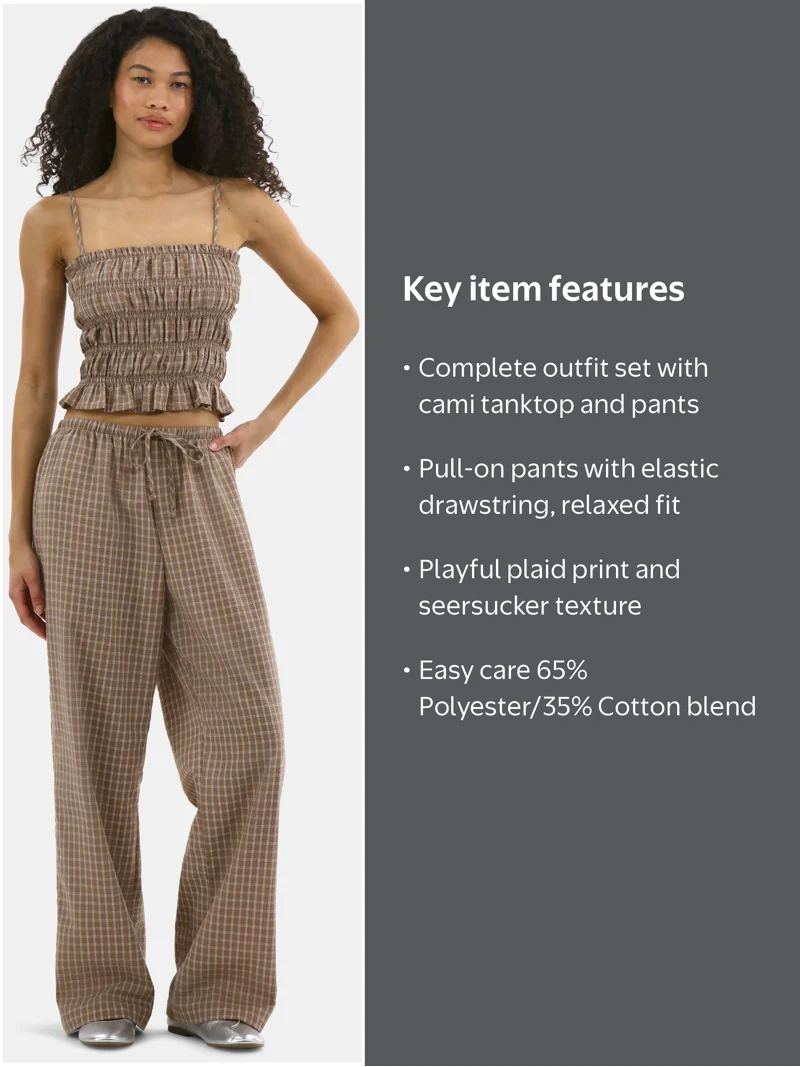 No Boundaries Plaid Seersucker Smocked Cami Top and Pants Set, 2