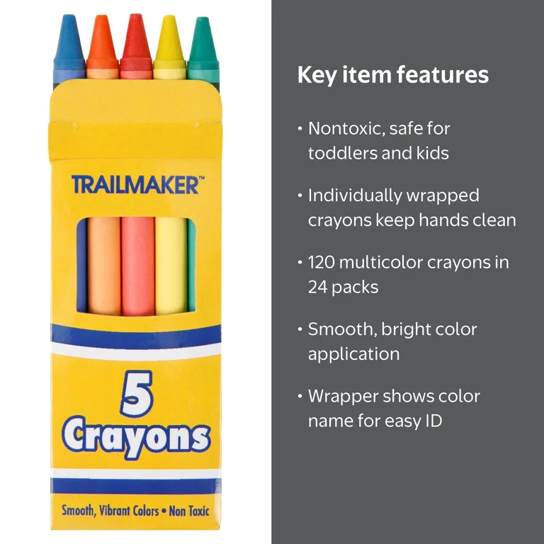 Trailmaker 24 Pack Bright Wax Coloring Crayons 5 per Box Assorted