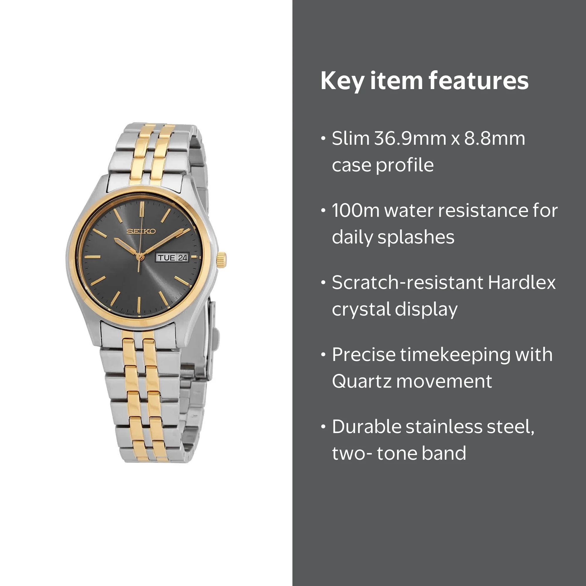 Seiko Men's Watch, Quartz Gray Dial, Luminous Gold-Tone Hands