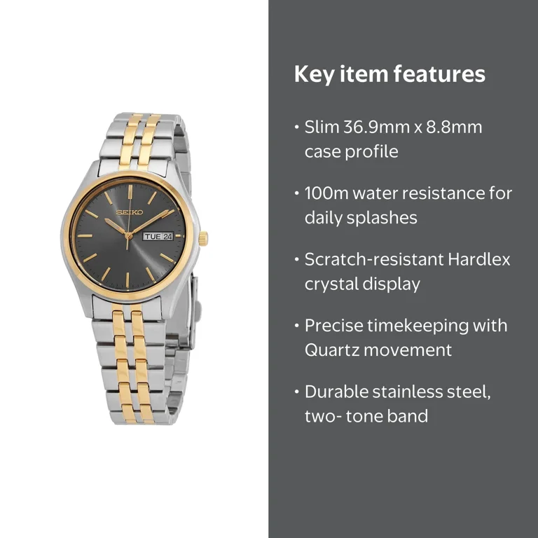 Seiko Men's Watch, Quartz Gray Dial, Luminous Gold-Tone Hands