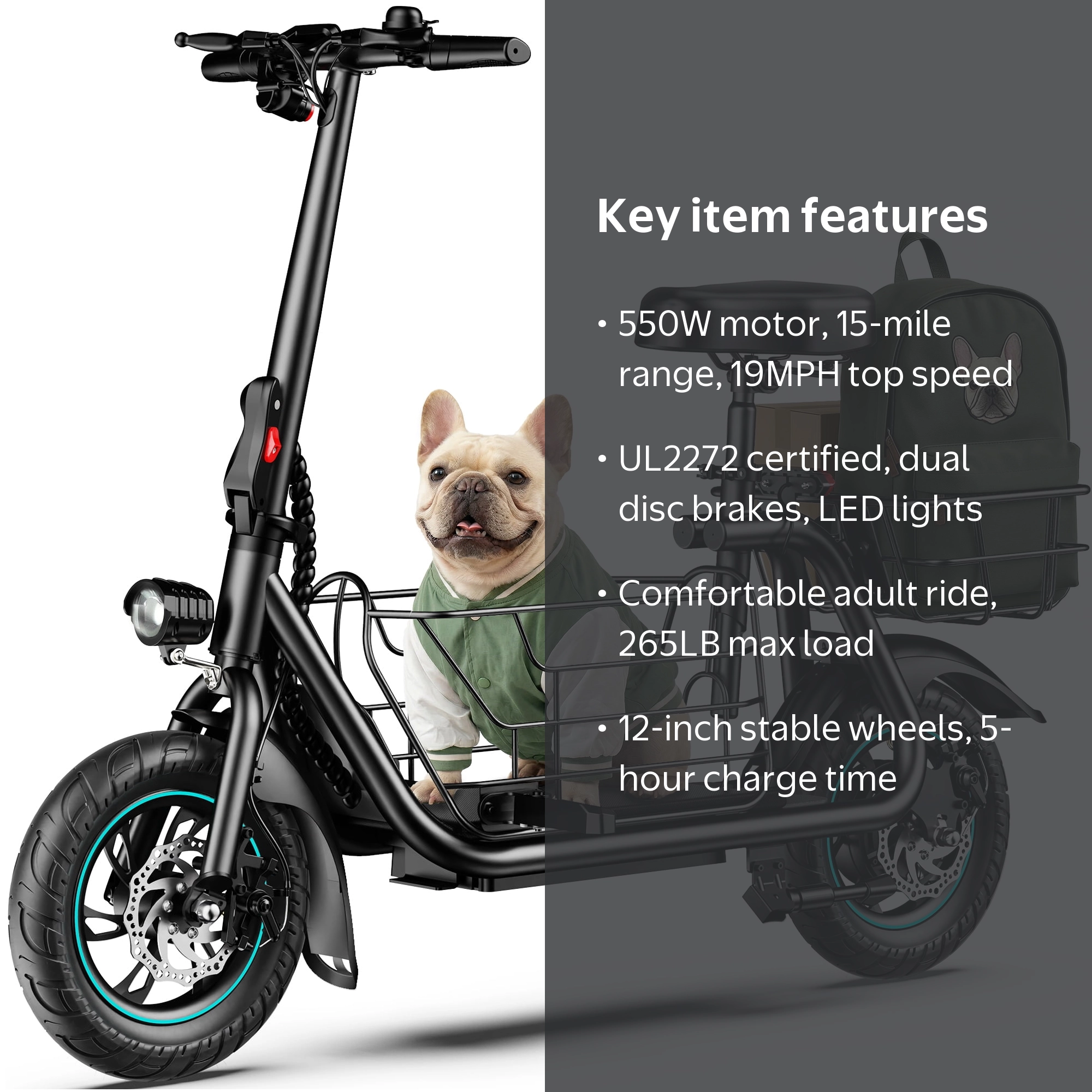 MIHOVER 19MPH Foldable 550W Electric Scooter with Seat for Adult