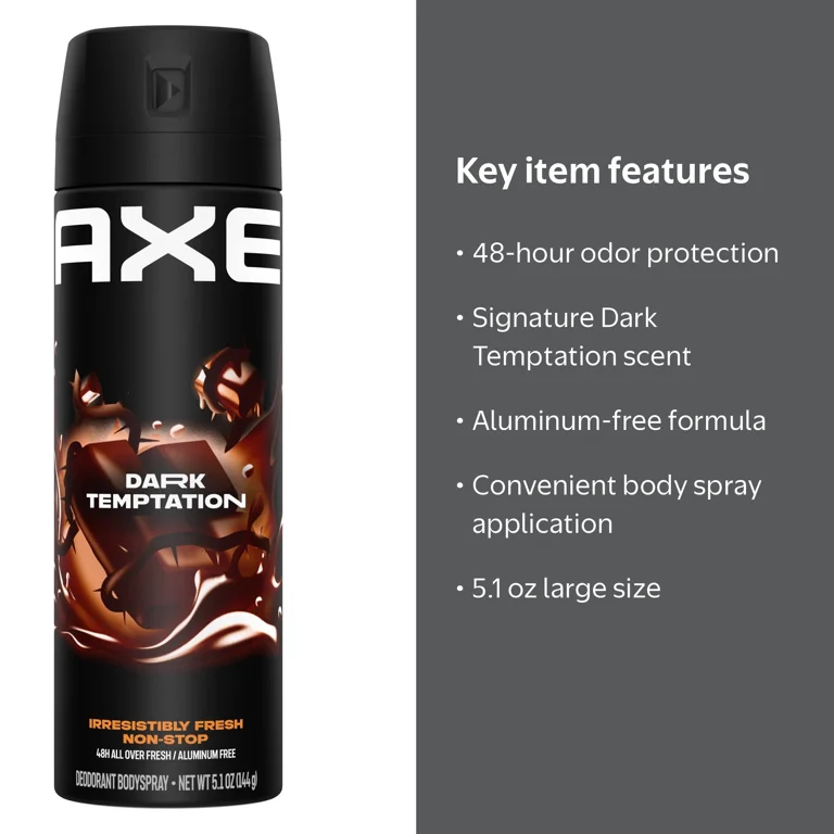 Axe Body Spray Deodorant for Long Lasting Odor Protection Dark Temptation All Day Fresh Scent Mens Deodorant Formulated Without Aluminum, 5.1 oz