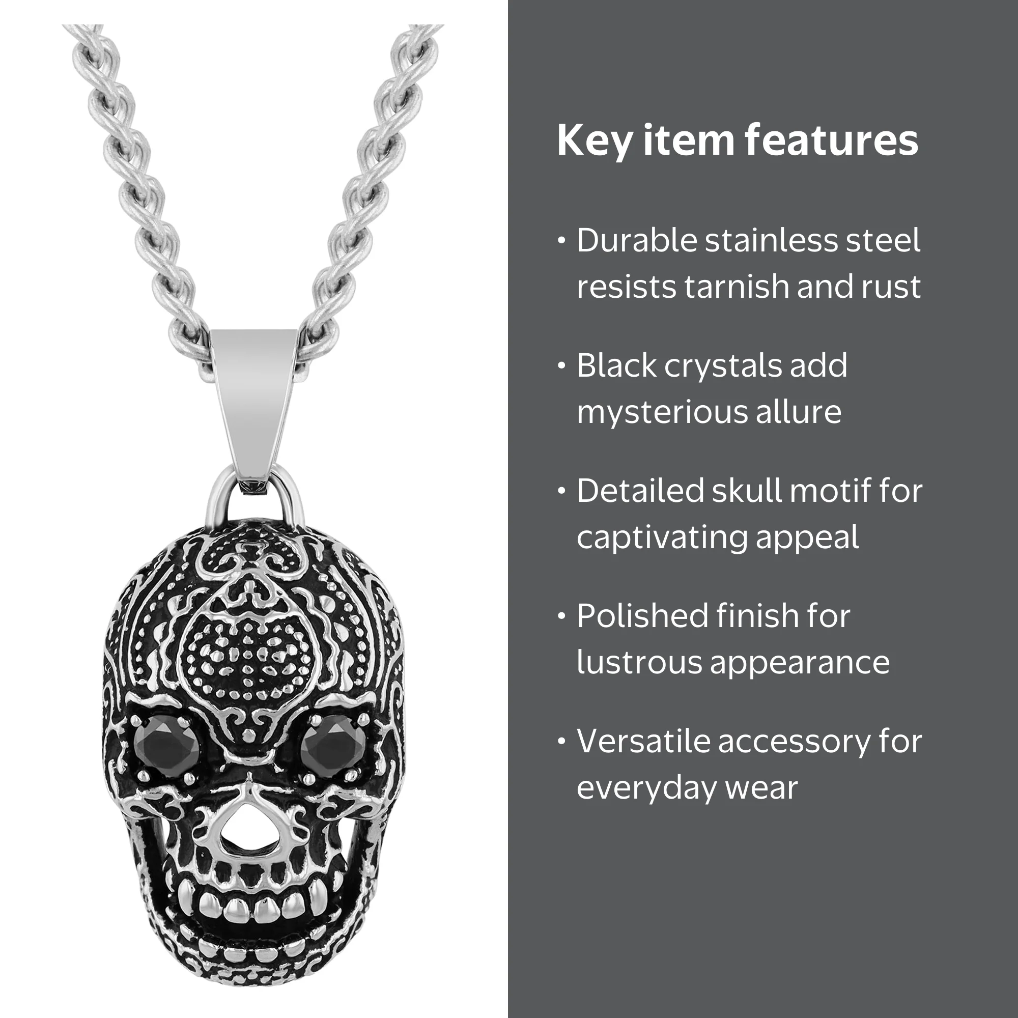 Believe by Brilliance Men's Stainless Steel Skull Pendant with