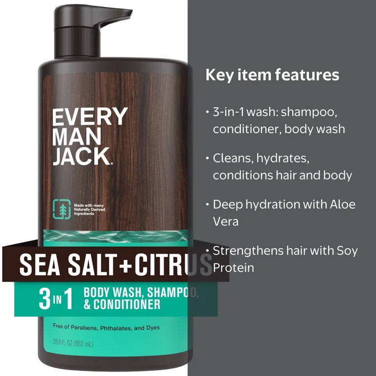 Every Man Jack Men's 3 in 1 Body Wash Shampoo Conditioner Sea Salt