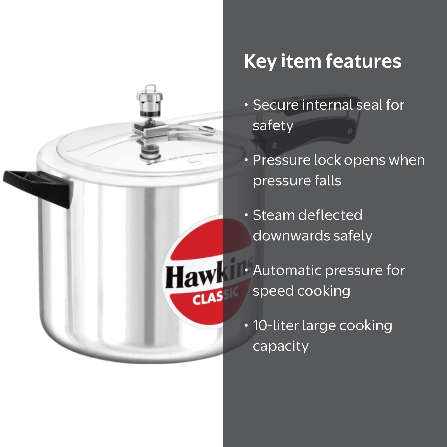 Hawkins, Pressure Cooker, Aluminum, 10 L, Silver, Inside fitting