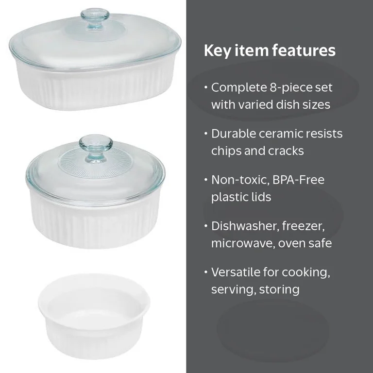 CorningWare French White 8-Piece Ceramic Stoneware Casserole Set
