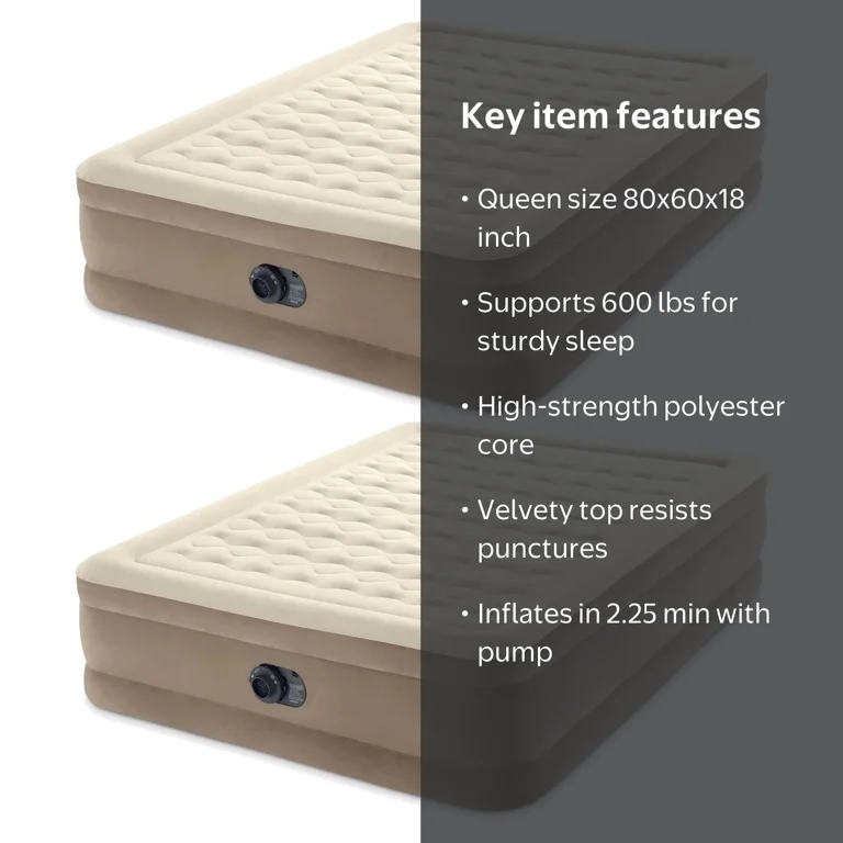 Intex, Dura-Beam Deluxe Ultra Plush Air Bed, Queen, 18 inch, 2