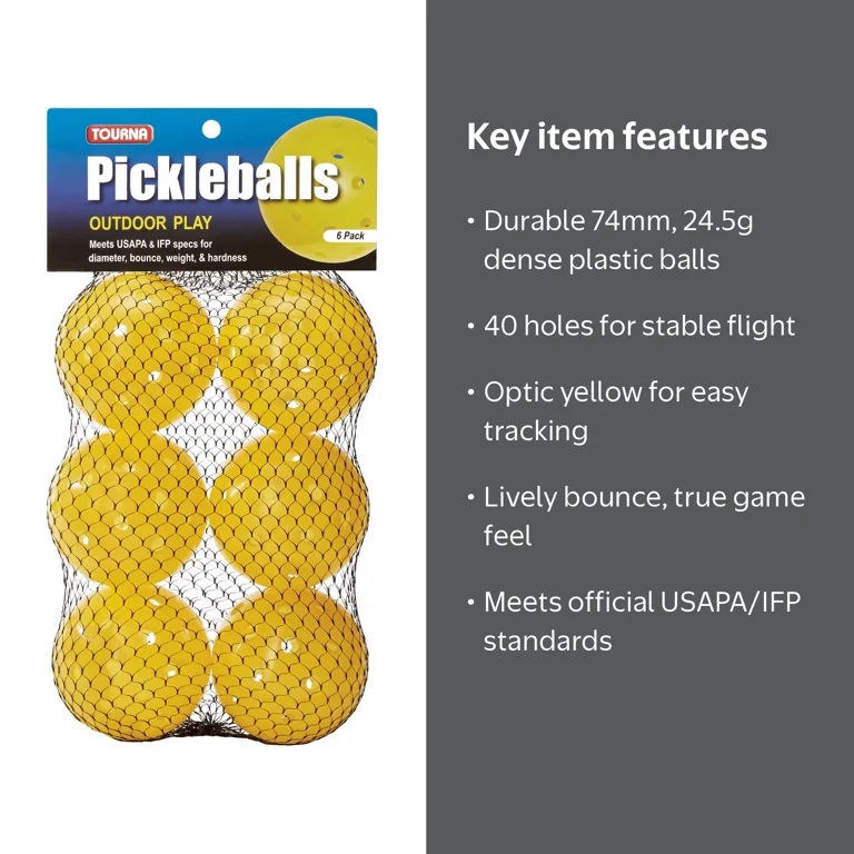 Tourna Outdoor Pickleball 6-Pack Bright Yellow Durable Light