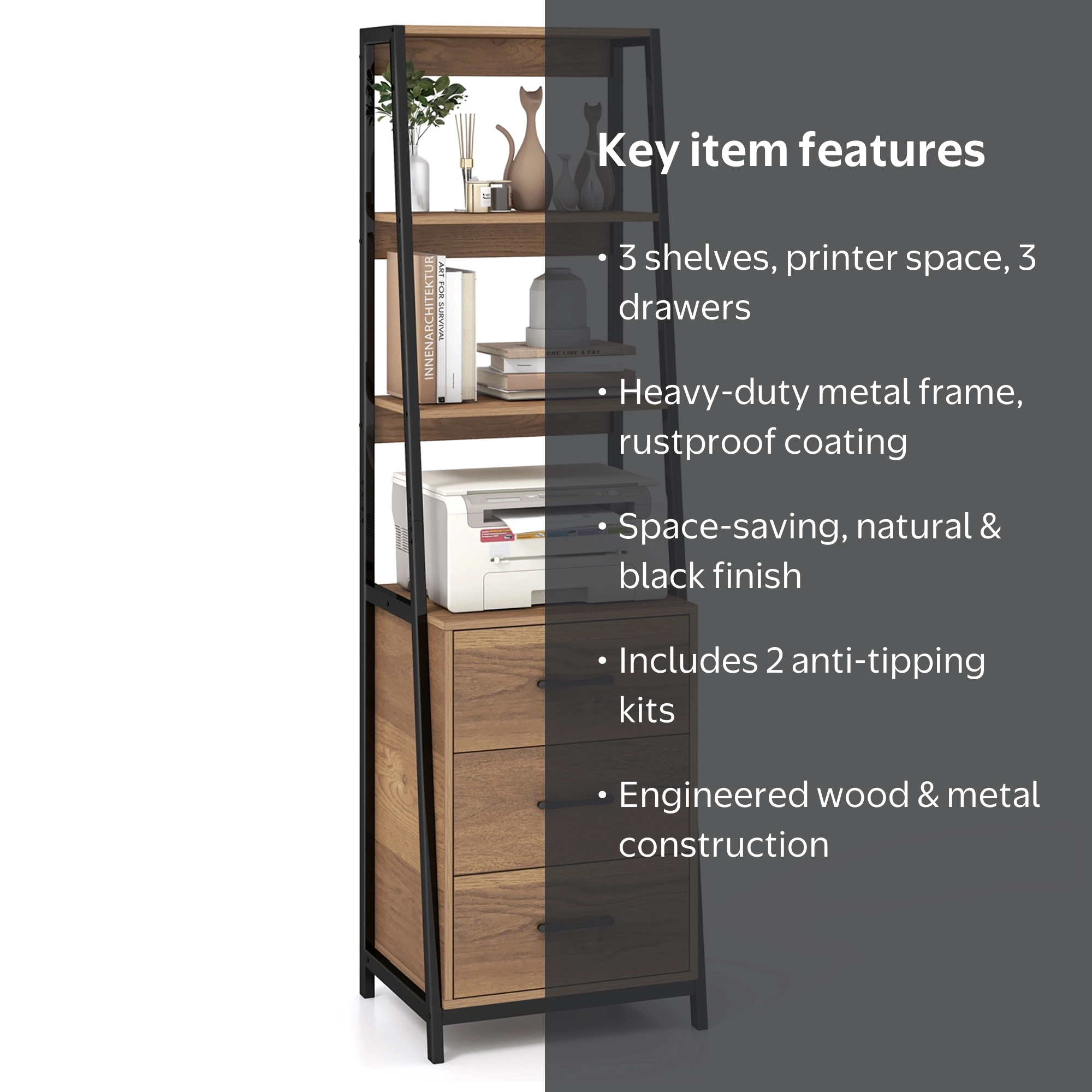 Gymax Ladder Bookshelf Tall Bookcase w/ 3 Open Shelves Printer
