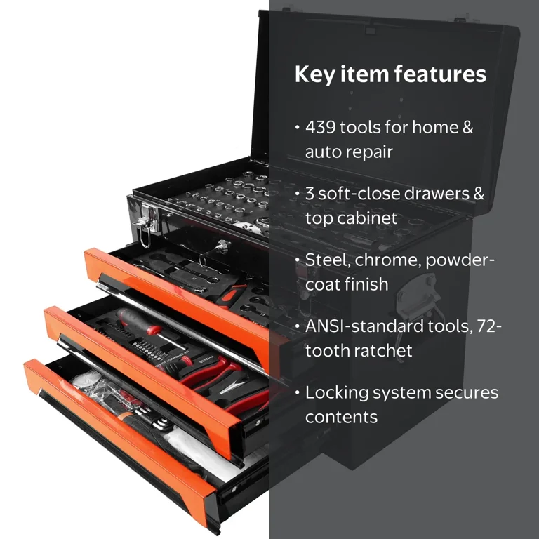 Aukfa 439-Piece Mechanics Tool Set, 3 Drawer Tool Organizer Metal
