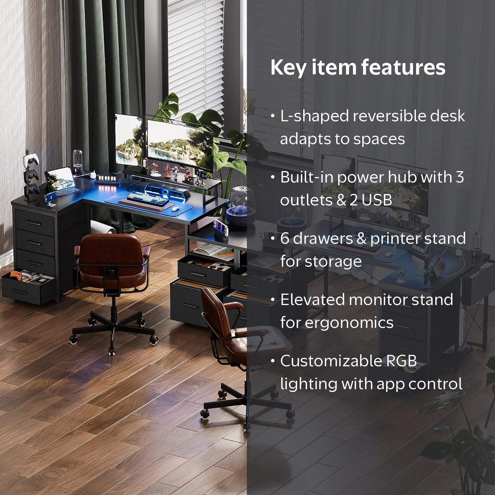 Homieasy Reversible L Shaped Desk with RGB LED, Outlets, Monitor