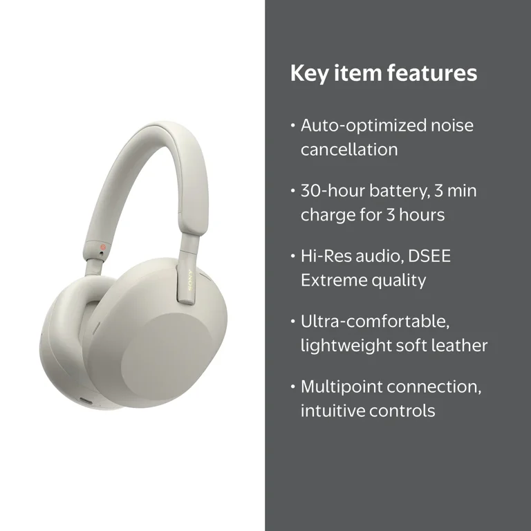 Sony, Wireless Noise Canceling Headphones, WH-1000XM5, Silver