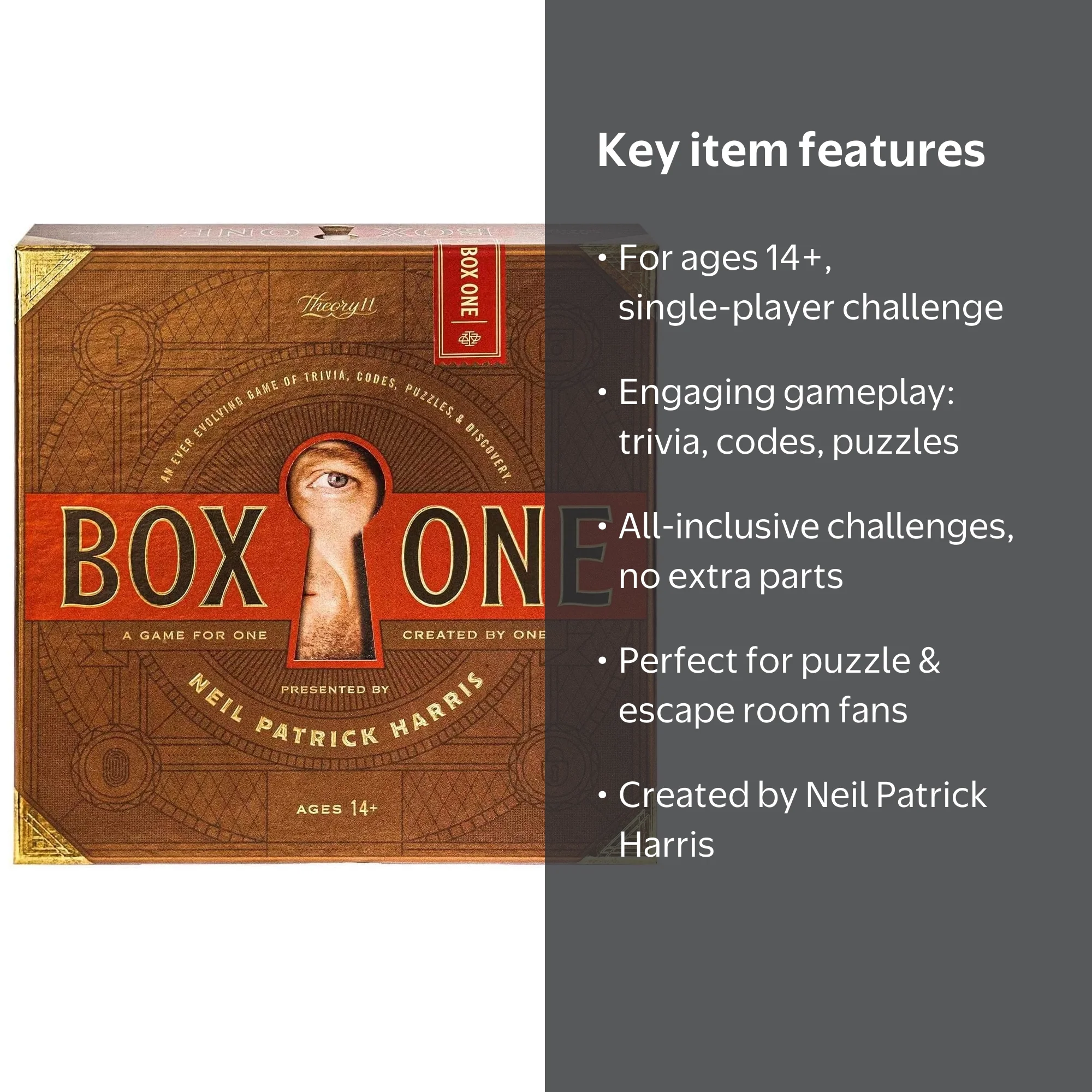 Box ONE by Neil Patrick Harris: Adult Trivia, Codes, Puzzles Board