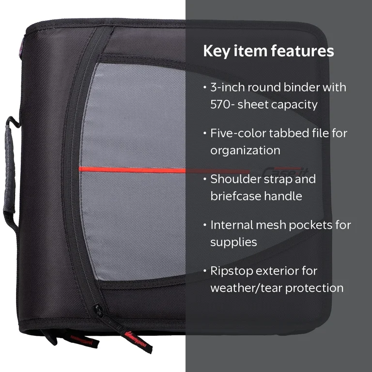 BMI, Case-it Mighty Zip Tab 3-Ring Zipper Binder, 169801, Black