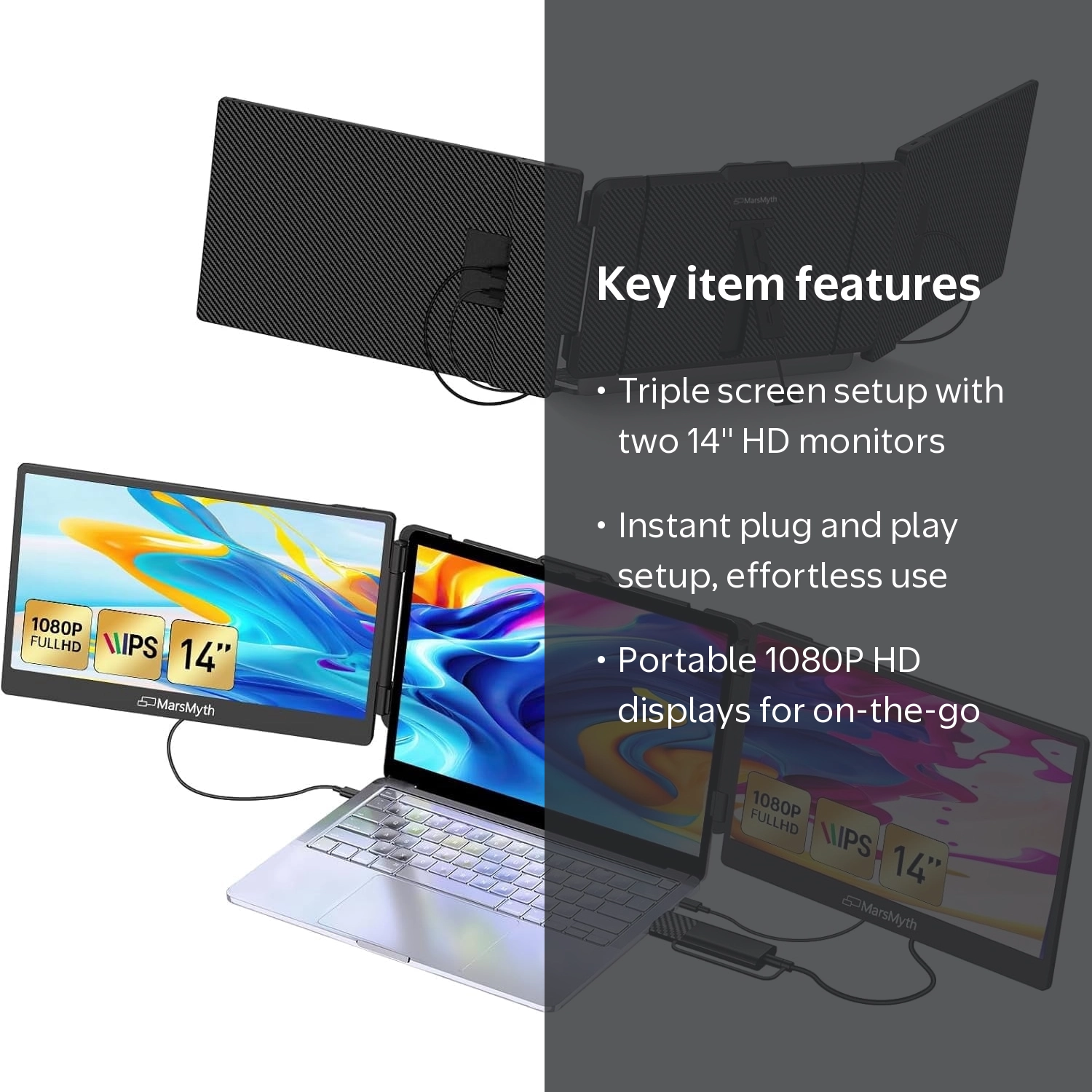 Marsmyth 14'' Triple Monitor for Laptop Screen Extender, Dual