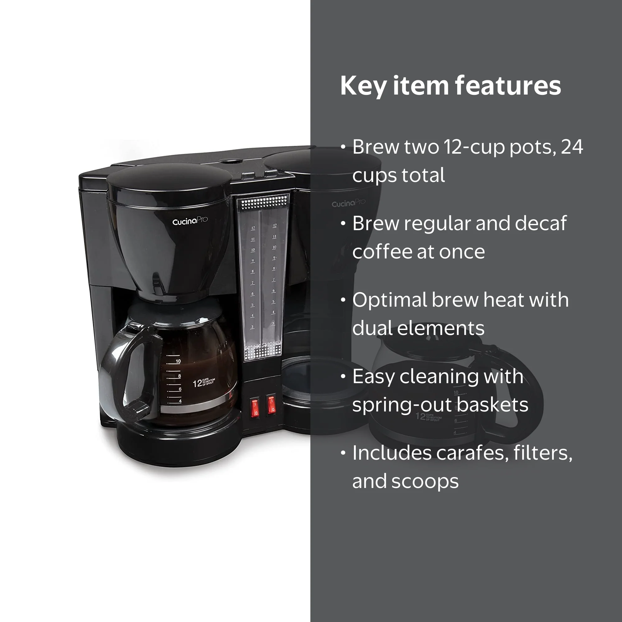 CucinaPro Dual Coffee Brewer - 2x12-cup Pots, Regular/Decaf, Individual  Heating, Carafes, Filters & Scoopers - Walmart.com