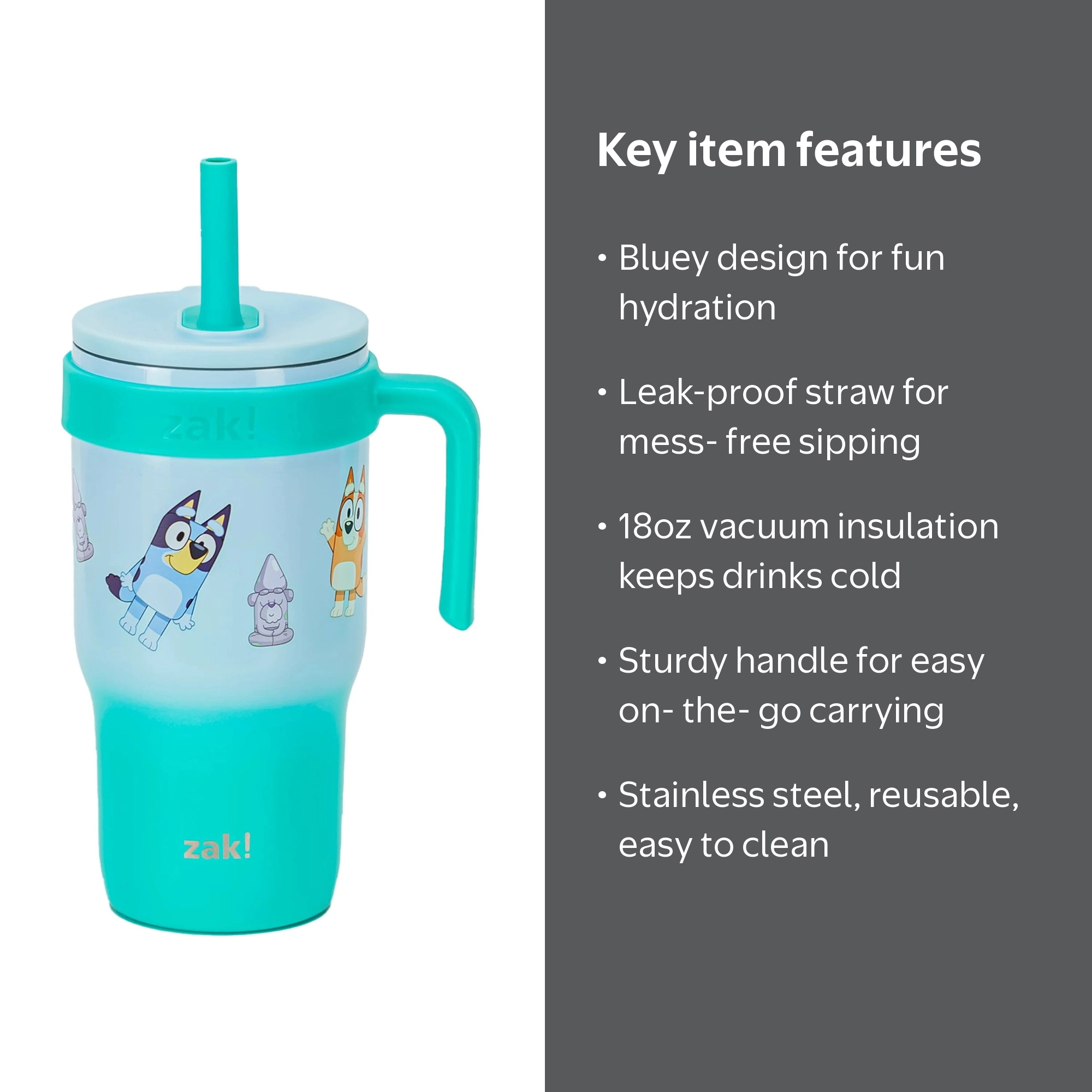 Zak Designs Bluey Kids Insulated Tumbler with Straw, 18oz