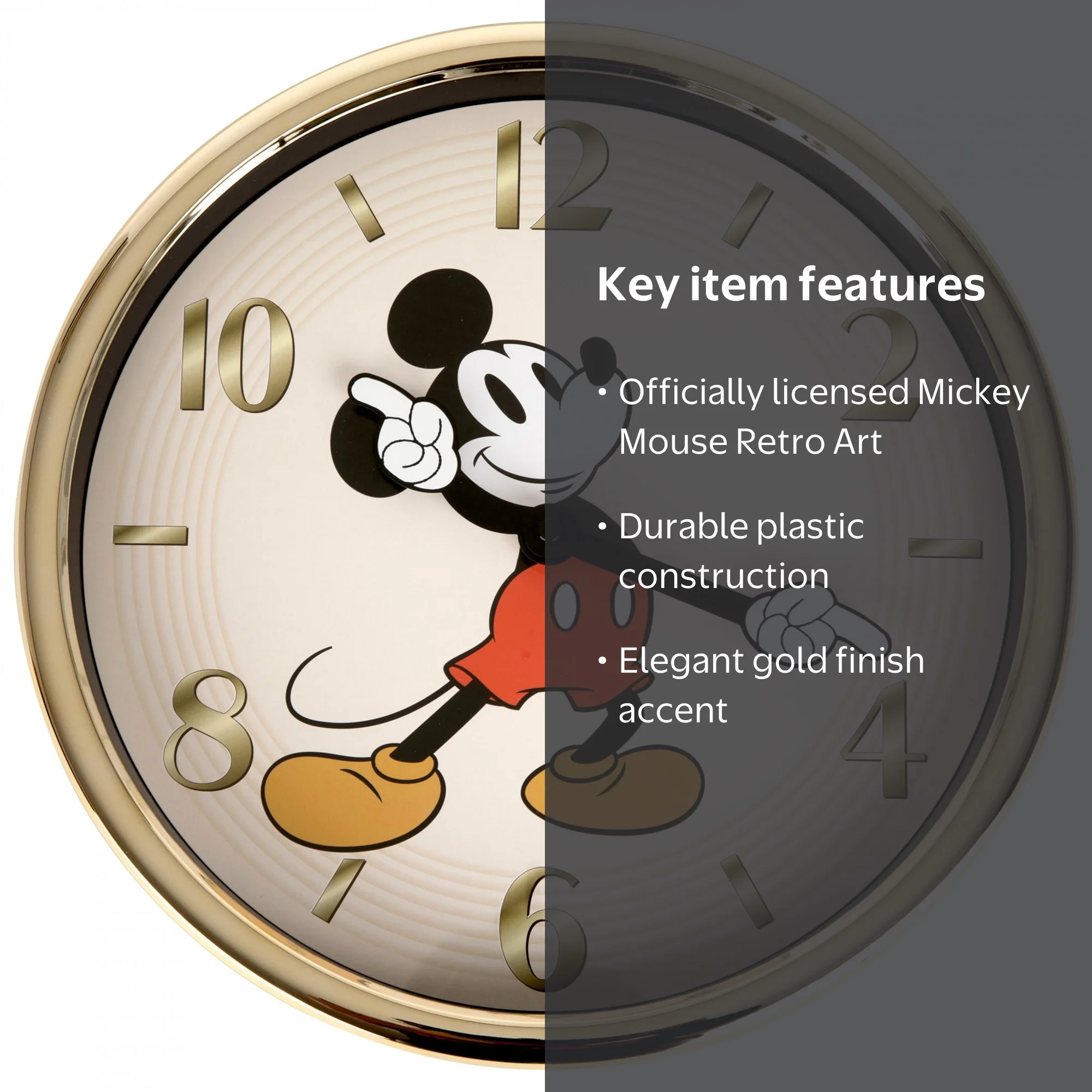 Mickey Mouse Retro Art Wall Clock, Gold Plastic Design, Disney