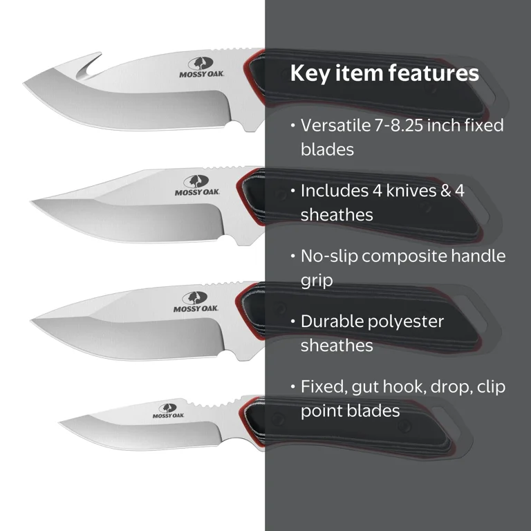 Mossy Oak 8-Piece Hunting Set with 4 Fixed Knives (7-8.25 Inch