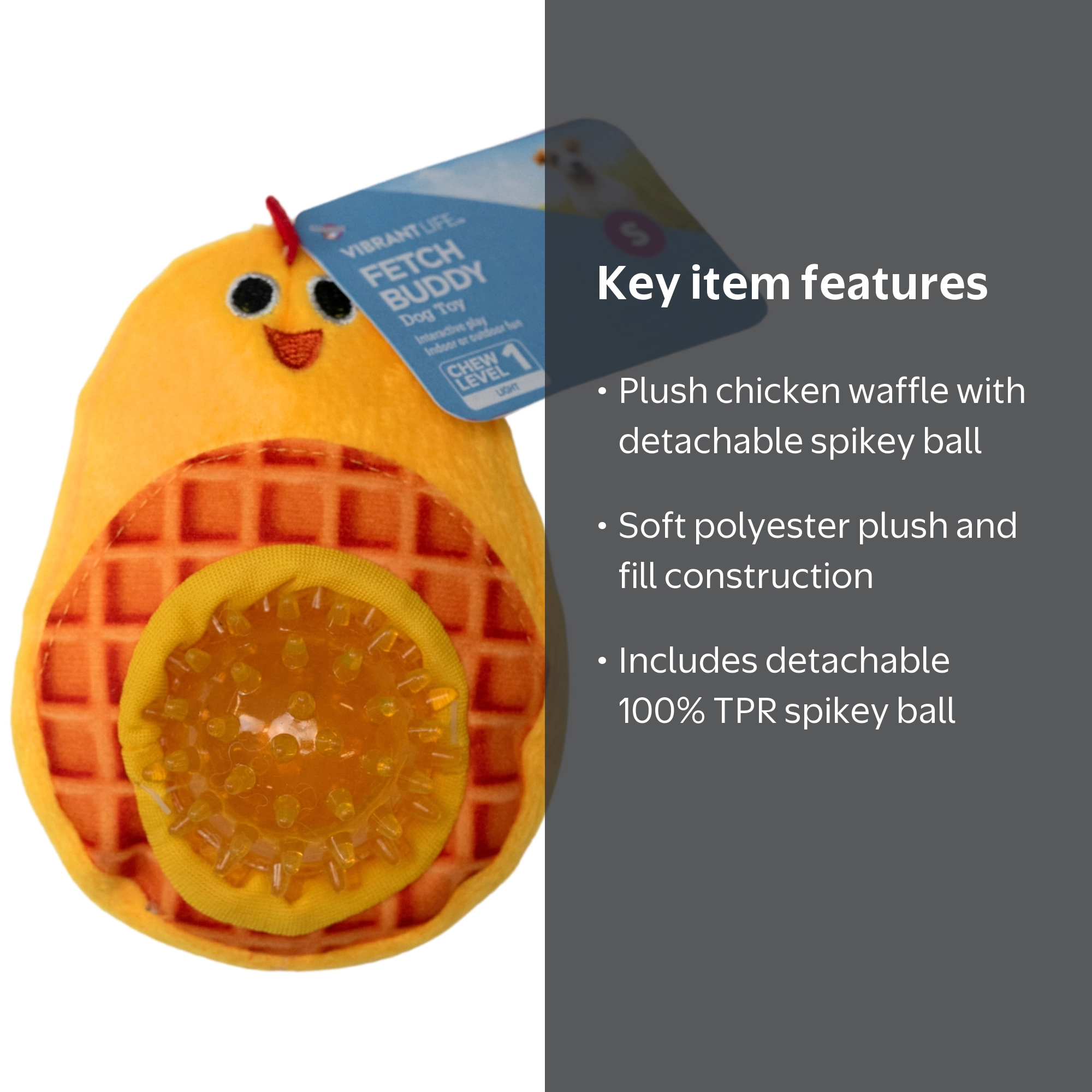 Vibrant Life Chicken Waffle Plush Dog Toy, Detachable Spikey Ball