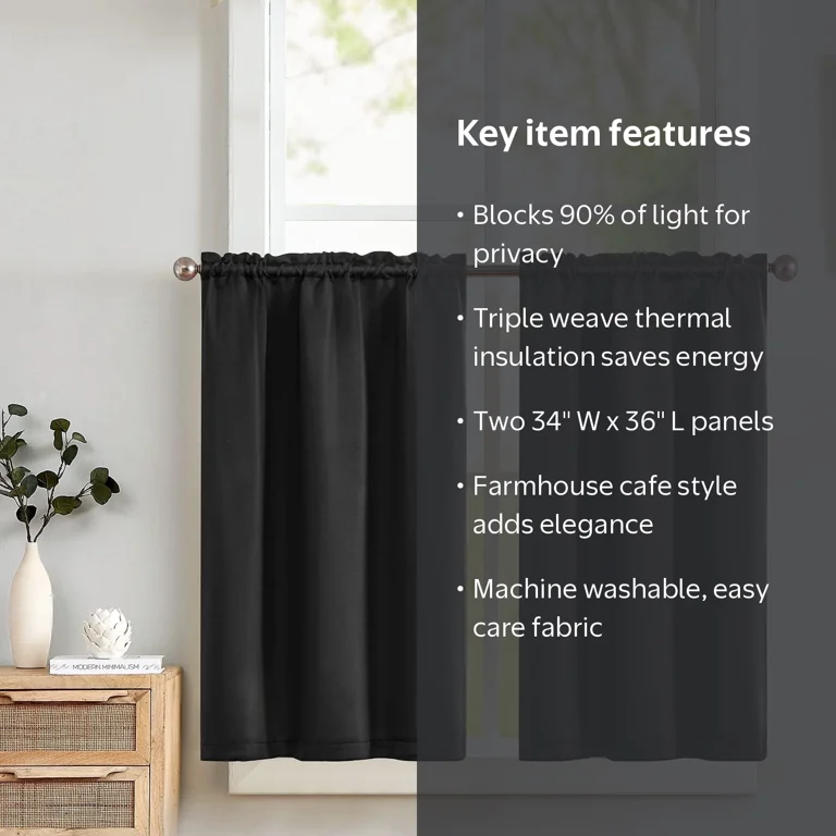Curtainking, Blackout Kitchen Curtains, W34 x L36, Solid Black